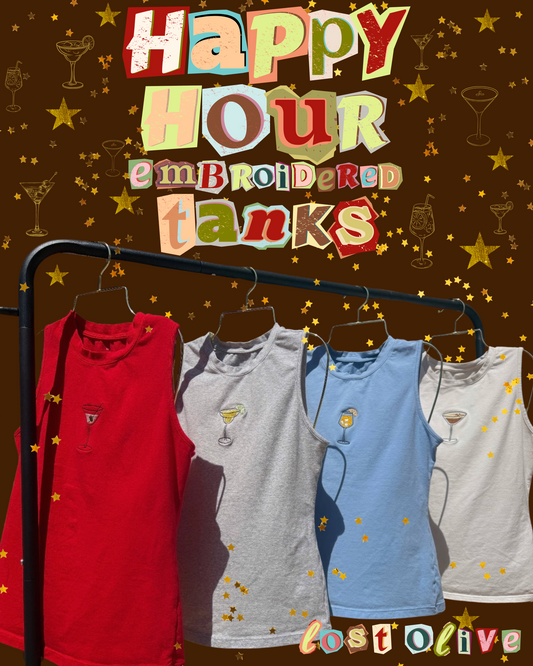 Happy Hour Embroidered Tanks